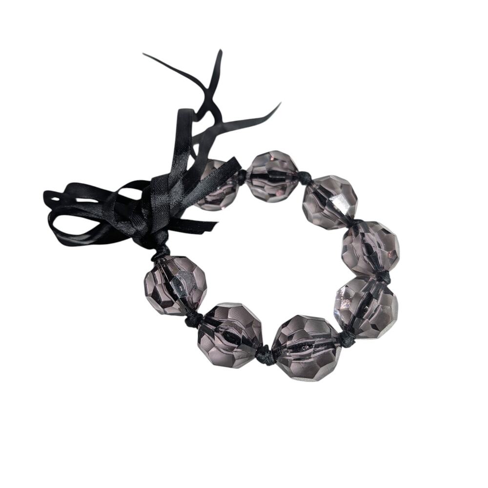 Gray & Black Smokey Glassy Goth Boho Bead Bracelet Fabric Tie Closure